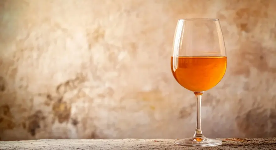Verre de vin de macération à la couleur ambrée, sur un fond texturé et une table en bois.