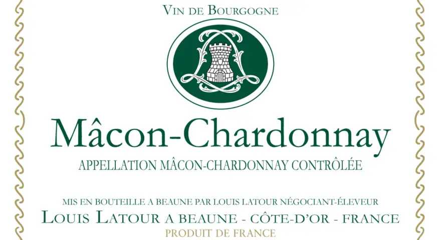 Étiquette de vin Mâcon-Chardonnay, un vin blanc de Bourgogne. Ce cépage Macon blanc est mis en bouteille par Louis Latour.