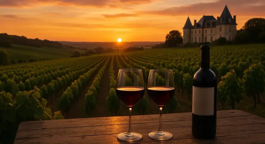 Deux verres de vin rouge bordeaux connu et une bouteille sur une table en bois, avec un vignoble et un château au coucher du soleil.
