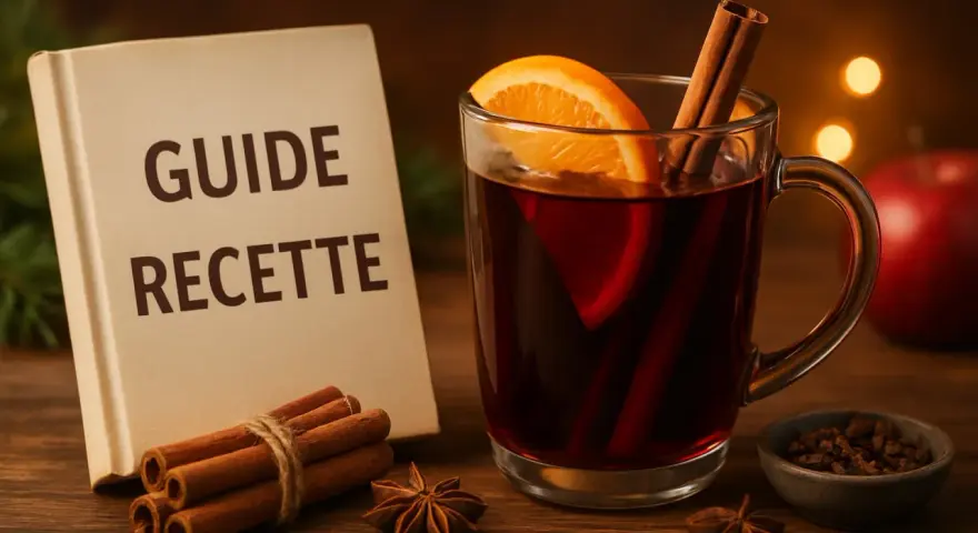 Un verre de vin chaud aux épices, prêt à réchauffer 50 personnes. Un livre "Guide Recette" à côté.