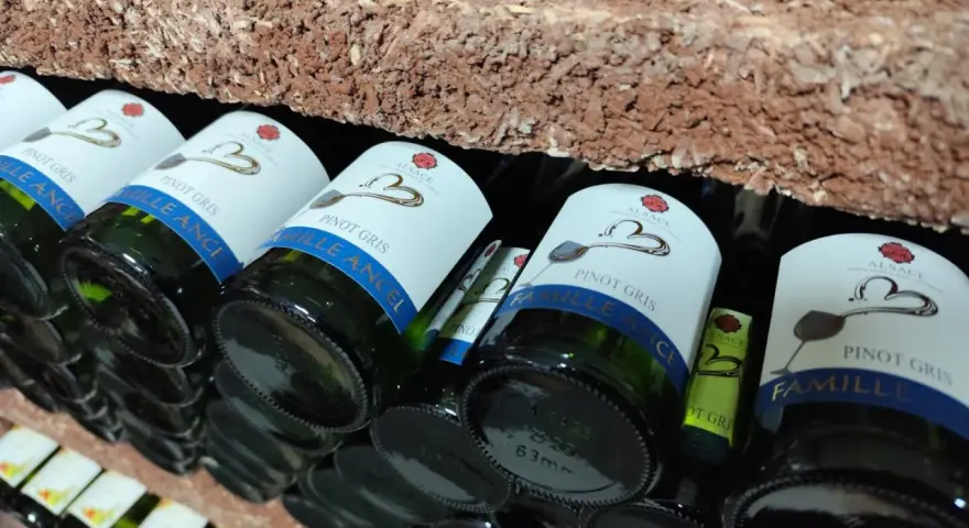 Bouteilles de cépage Pinot Gris d'Alsace, étiquetées "Famille Ancel", rangées sur une étagère en briques.