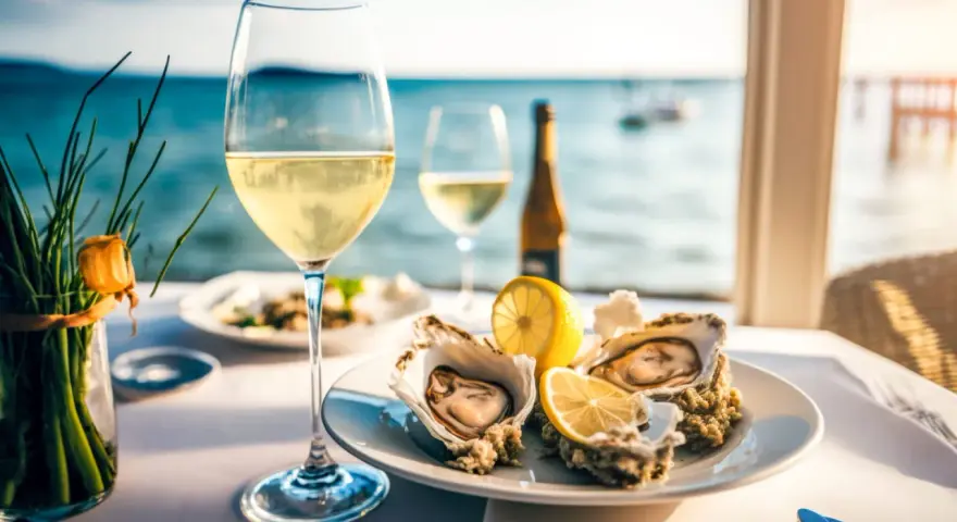 Un verre de vin blanc frais, prêt à accompagner un plateau de fruits de mer face à la mer. Le choix parfait pour savourer la fraîcheur de l'océan.