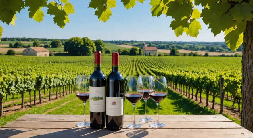 Dégustation de vin rouge sur une table en bois, avec des vignes à perte de vue. Un paysage typique de la côte de blaye sous un ciel bleu.