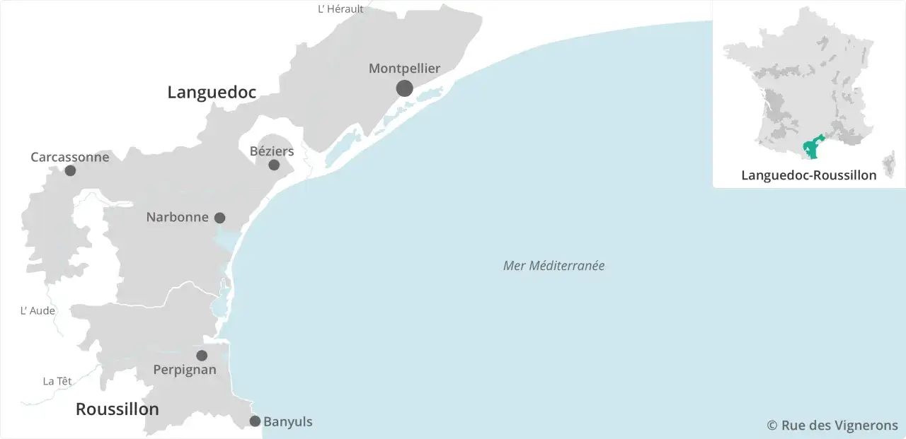 Carte du Languedoc-Roussillon, r&eacute;gion du pays d'Oc, avec Montpellier, Narbonne et Perpignan.