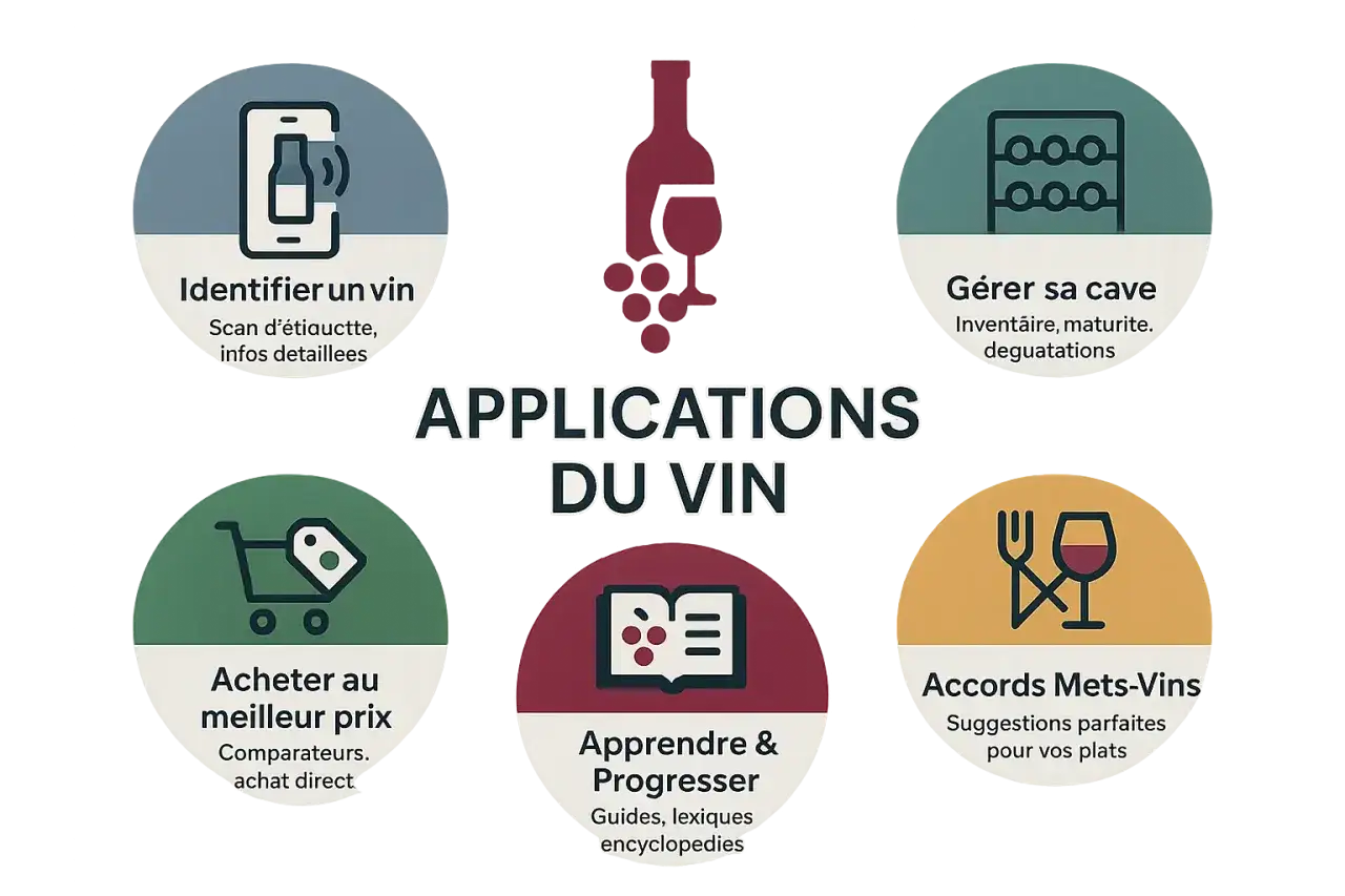 Cinq ic&ocirc;nes illustrent les applications du vin : identifier, g&eacute;rer sa cave, acheter, apprendre et trouver des accords mets-vins.