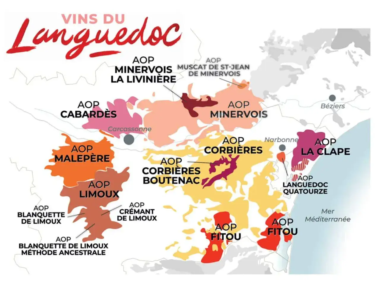 Carte des vins du Languedoc, avec le Cabard&egrave;s et le meilleur vin du Cabard&egrave;s mis en avant.