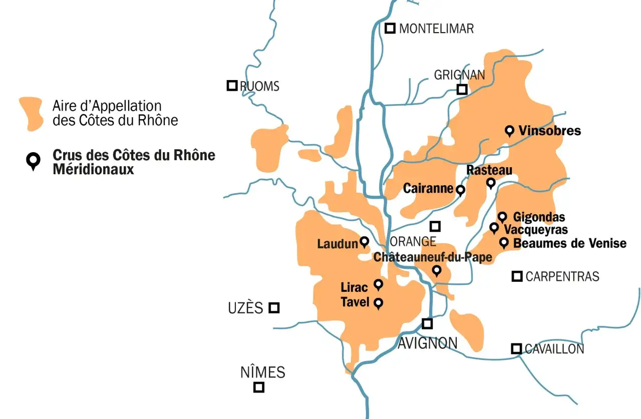 Carte des appellations du vin C&ocirc;tes du Rh&ocirc;ne, montrant les crus comme Gigondas, Vacqueyras et Ch&acirc;teauneuf-du-Pape.