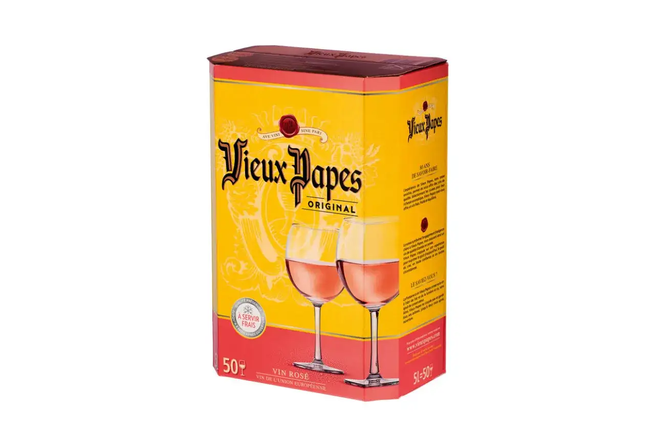 Un carton de vin ros&eacute; Vieux Papes Original, avec deux verres de vin. Avis sur ce vin vieux pape.