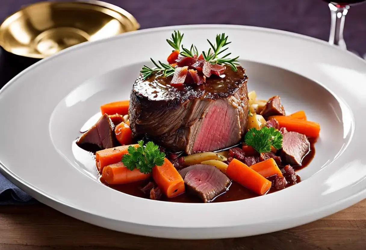 Un r&ocirc;ti de b&oelig;uf juteux, garni de romarin et de lardons, servi avec des carottes et une sauce riche. Un plat parfait pour accompagner quel vin pour la daube.