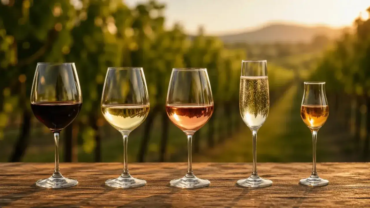 Cinq verres de vin, du rouge au p&eacute;tillant, sur une table en bois devant un vignoble. Une d&eacute;gustation des composants du vin.