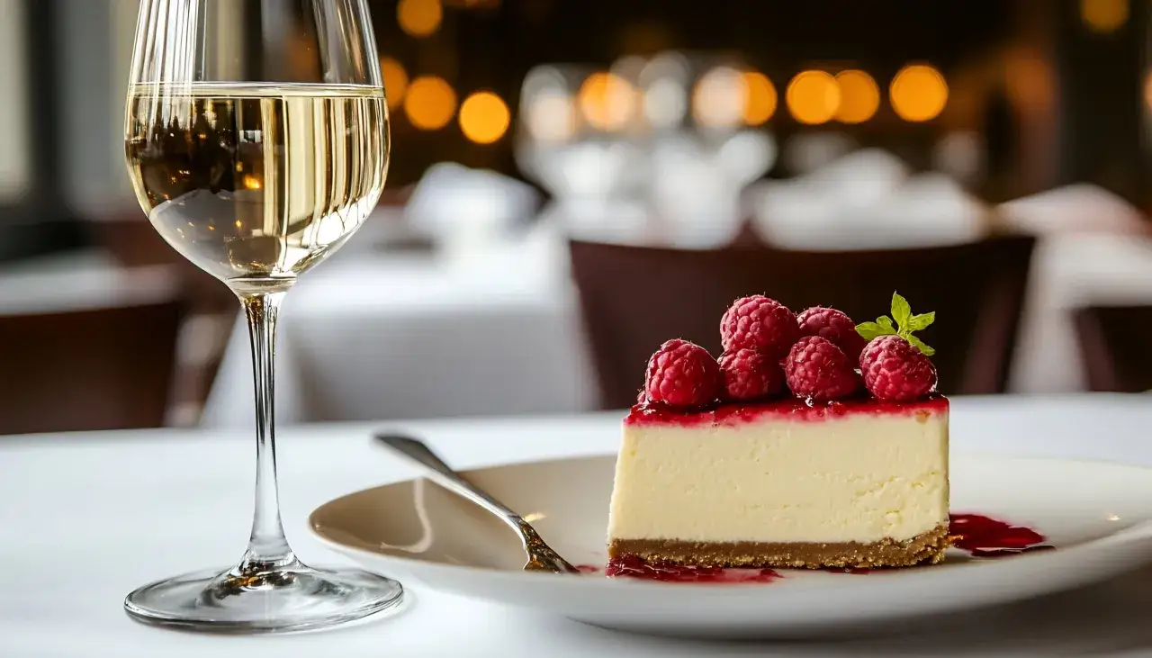 Un verre de vin blanc, une boisson parfaite pour accompagner ce d&eacute;licieux cheesecake aux framboises.