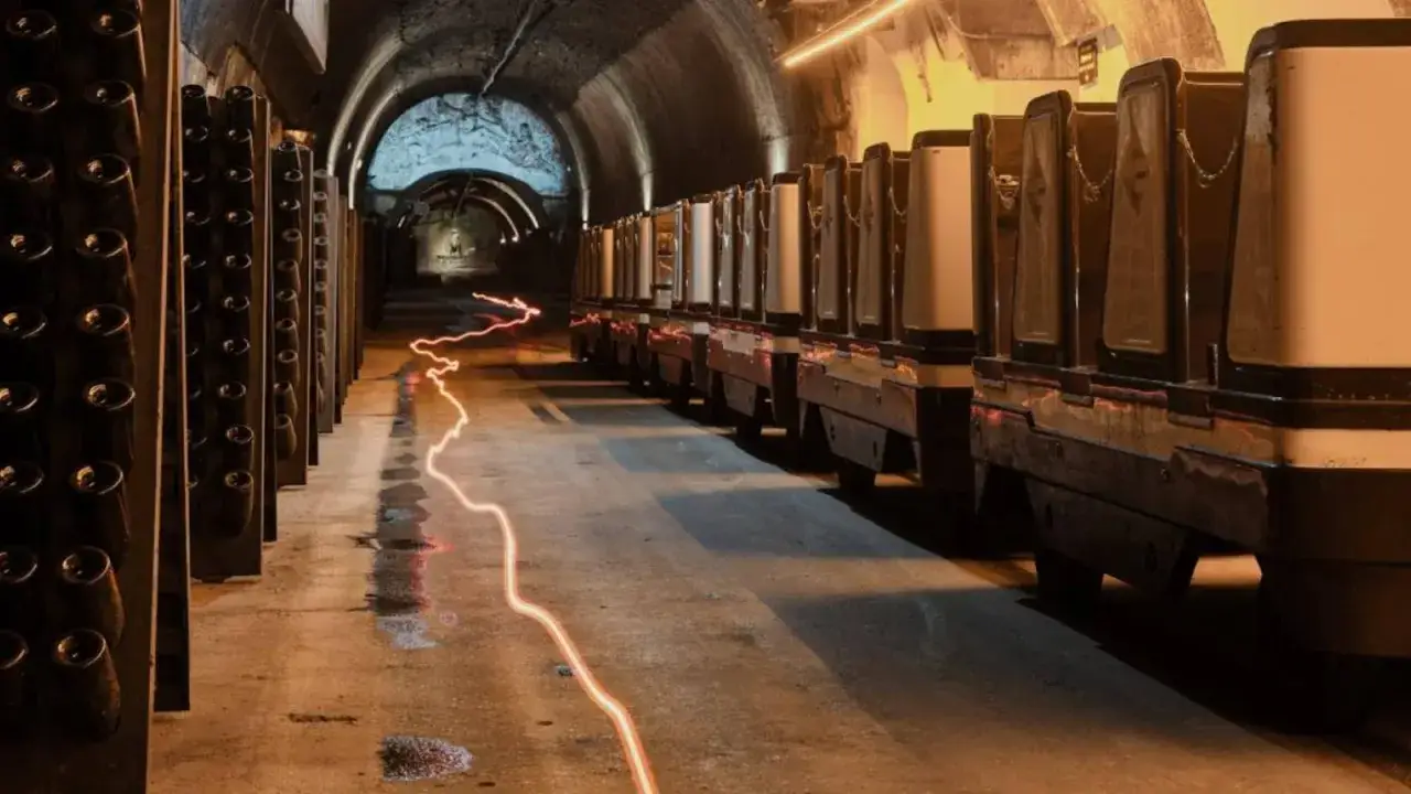 Cave voutée avec rangées de bouteilles de champagne Mercier, des wagons de transport et un chemin lumineux. Avis sur le champagne Mercier.