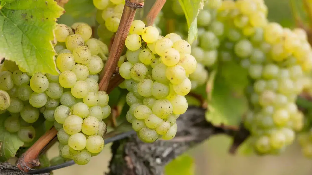 Grappes de pinot blanc m&ucirc;res sur la vigne, pr&ecirc;tes &agrave; &ecirc;tre r&eacute;colt&eacute;es pour un vin frais et fruit&eacute;.