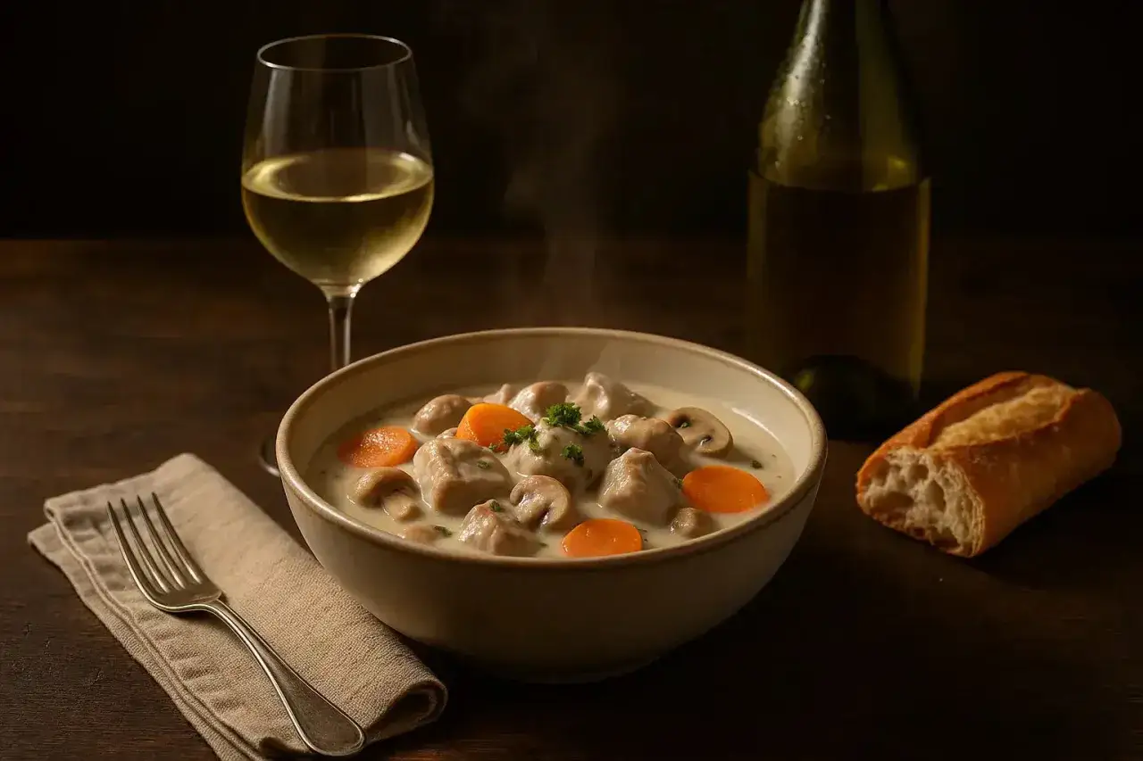 Un plat fumant de blanquette de veau, garni de carottes et champignons, accompagn&eacute; d'un verre de vin blanc et d'une baguette.