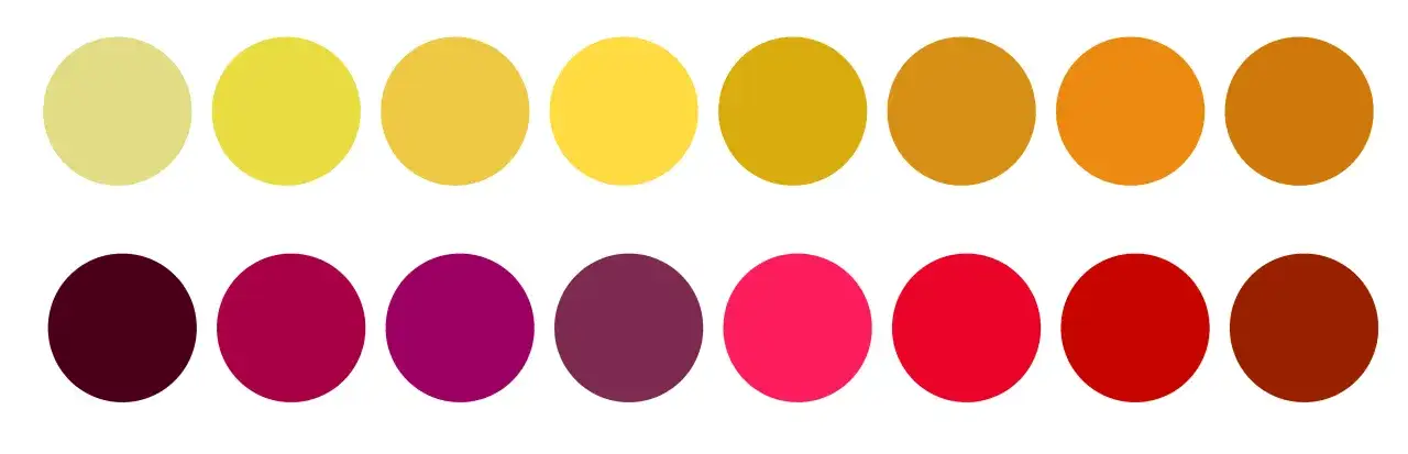 Palette de couleurs allant du jaune p&acirc;le &agrave; l'orange br&ucirc;l&eacute;, puis du bordeaux au rouge vif, &eacute;voquant la richesse d'une couleur vin.