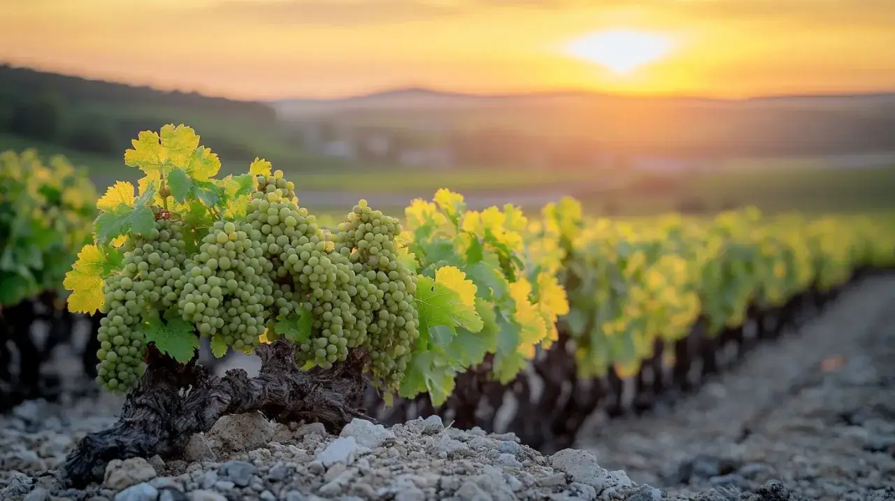 Vigne de cepage champagne au coucher du soleil, grappes de raisins verts m&ucirc;res sur des ceps anciens.
