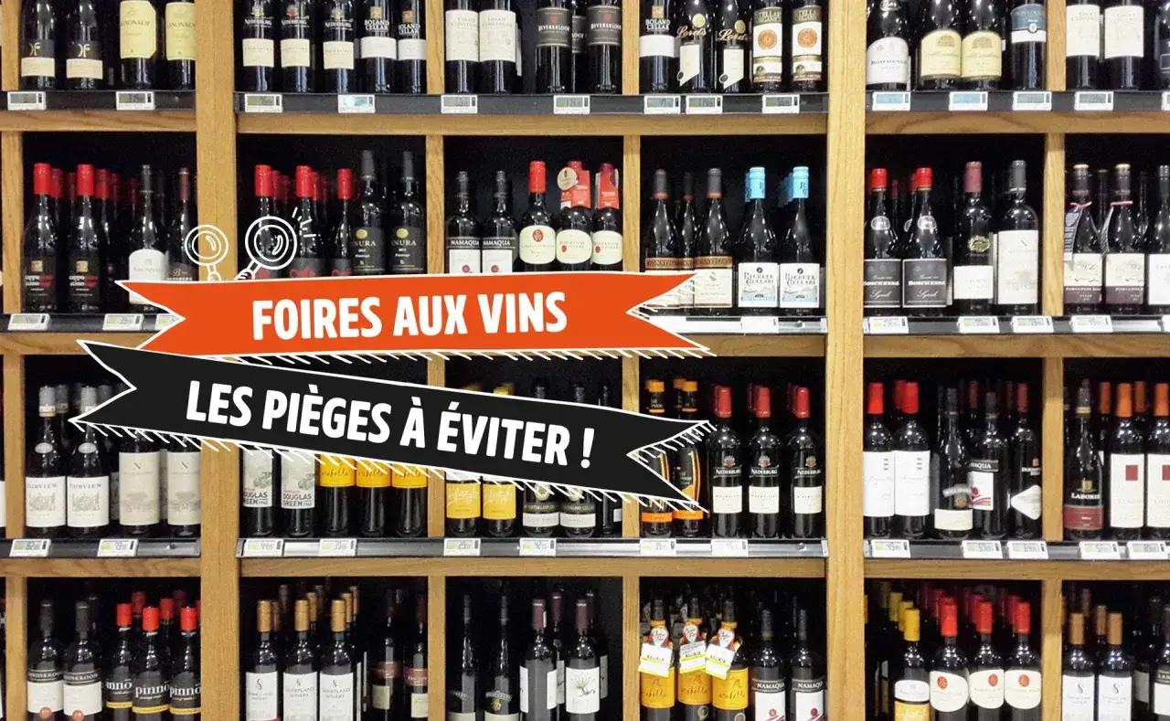 Des bouteilles de vin sur des &eacute;tag&egrave;res, avec une banni&egrave;re 