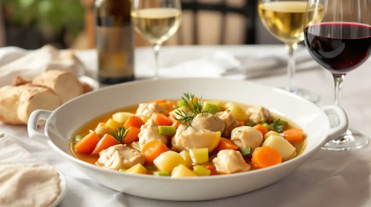 Un plat de poule au pot r&eacute;confortant, garni de l&eacute;gumes et de morceaux de poulet, accompagn&eacute; de pain et de vin.