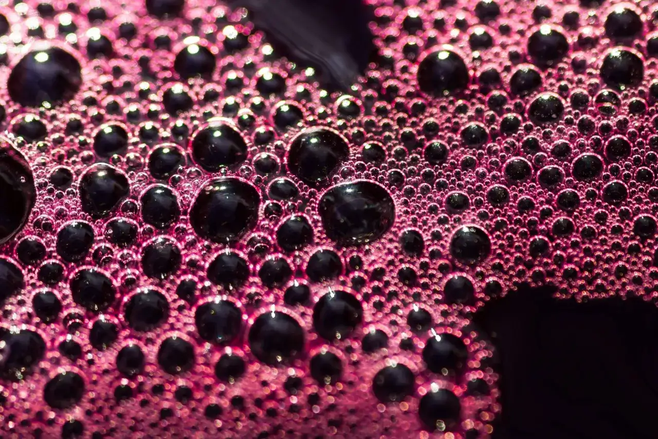 Mousse rose et bulles sombres, un aper&ccedil;u de la fermentation malolactique en cours.