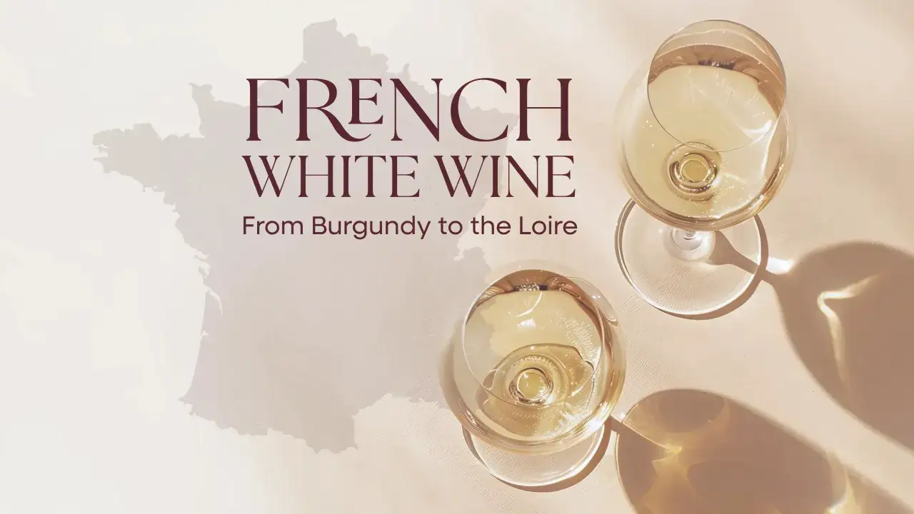 Deux verres de vin blanc sucré, avec une carte de France en filigrane.