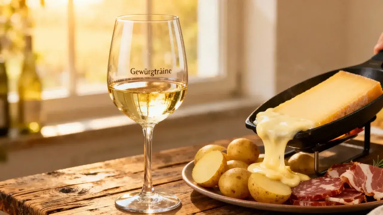 Un verre de Gewurztraminer accompagne une raclette fondante, des pommes de terre et de la charcuterie sur une table en bois.