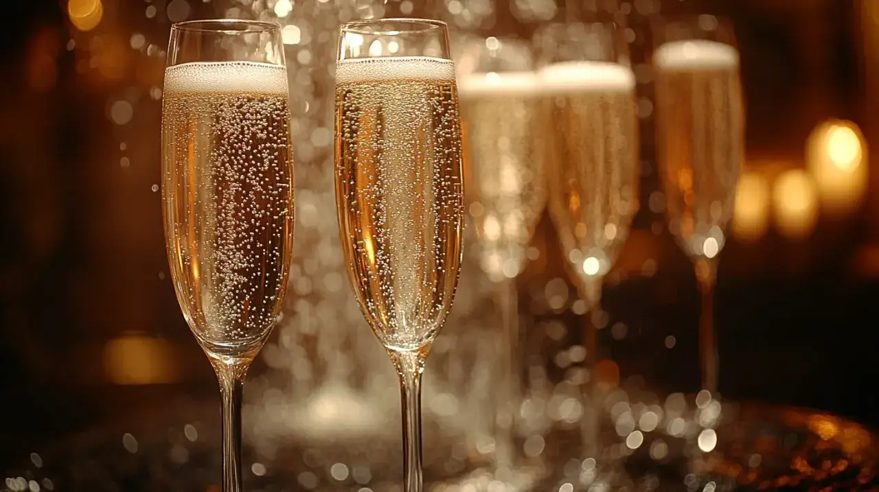 Verre de champagne p&eacute;tillant, bulles fines et persistantes. Un indice pour comment reconnaitre un bon champagne.