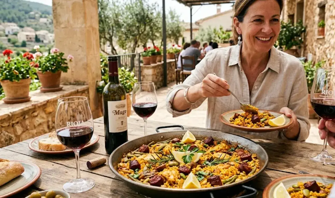 Une femme savoure une paella color&eacute;e, accompagn&eacute;e d'un verre de vin rouge et d'une bouteille de Rioja. Un repas ensoleill&eacute; en terrasse.