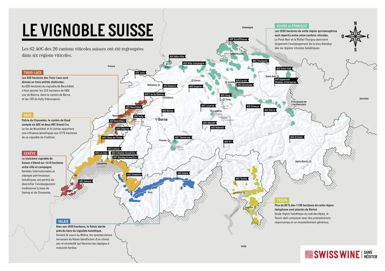 Carte du vignoble suisse, montrant les six r&eacute;gions viticoles et leurs AOC. Le vin suisse est &agrave; l'honneur !