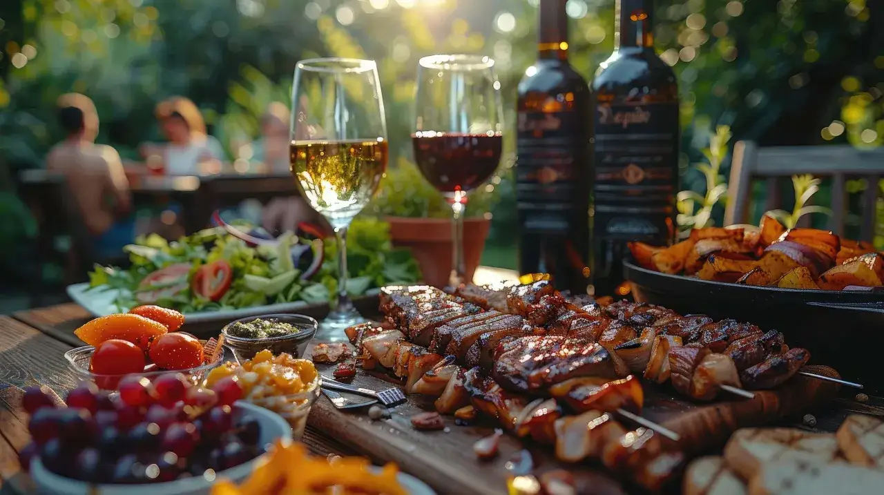 Un barbecue estival avec brochettes, salade, fruits et deux bouteilles de vin. Quel vin avec barbecue ? Un rouge cors&eacute; ou un blanc fruit&eacute;, parfait pour accompagner ces saveurs.