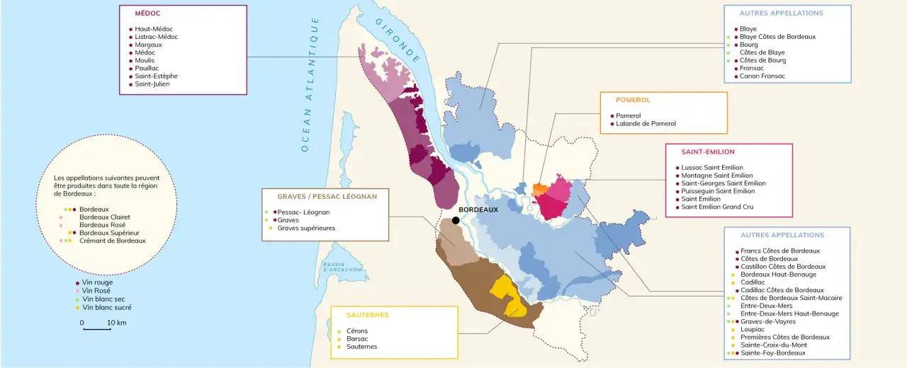 Carte des appellations de Bordeaux, montrant les zones de production du vin rouge bordeaux connu, comme le M&eacute;doc, Saint-&Eacute;milion et Pomerol.