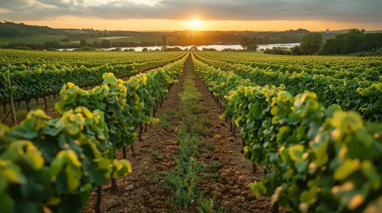 Un vignoble de chenin au coucher du soleil, avec des rang&eacute;es de vignes vertes s'&eacute;tendant &agrave; l'horizon, baign&eacute;es par la lumi&egrave;re dor&eacute;e.