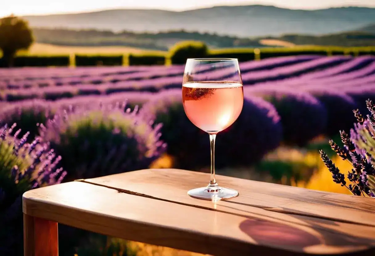 Un verre de ros&eacute; sur une table en bois, avec un champ de lavande en arri&egrave;re-plan. Le r&ecirc;ve de boire du ros&eacute; tous les jours.