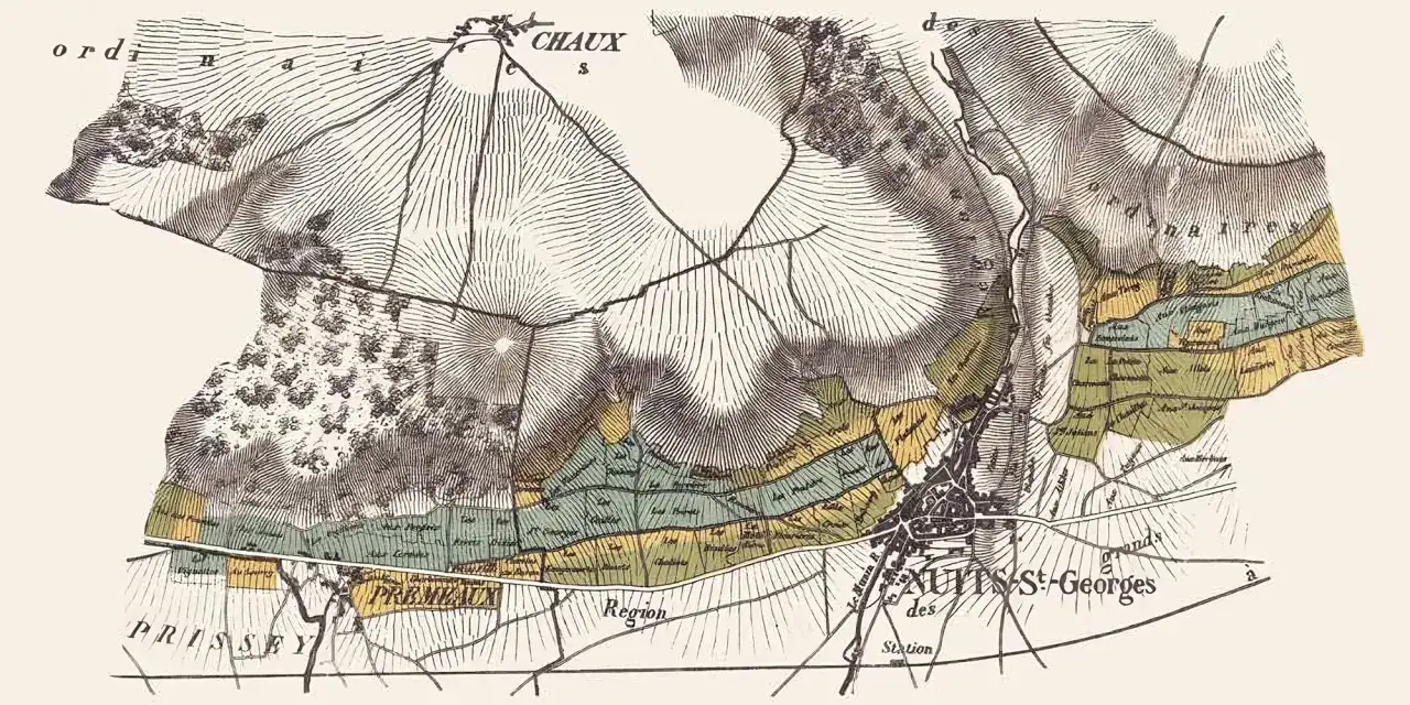 Carte ancienne des vignobles de Nuits-Saint-Georges, r&eacute;v&eacute;lant le meilleur domaine nuit saint-georges. Les parcelles color&eacute;es indiquent les terroirs.