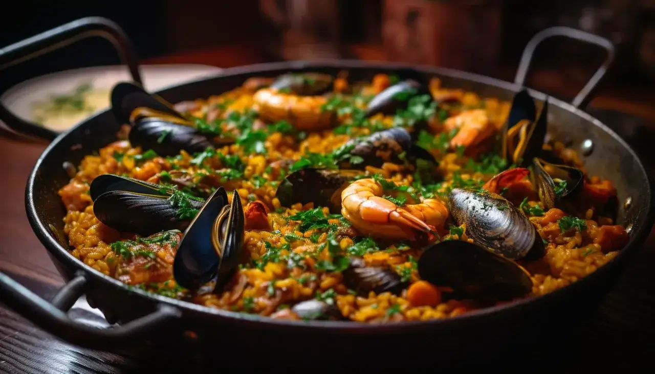 Paella au poulet et fruits de mer, garnie de persil frais. Quel vin rouge avec paella poulet fruits mer ? Un d&eacute;lice !