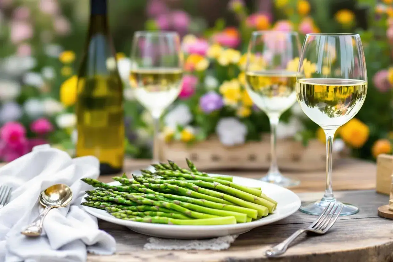 Un plateau d'asperges vertes fraîches, une bouteille de vin blanc et deux verres remplis de vin, parfaits pour savoir quel vin avec asperges.