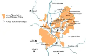 Carte des Côtes du Rhône avec les zones d'appellation et villages.