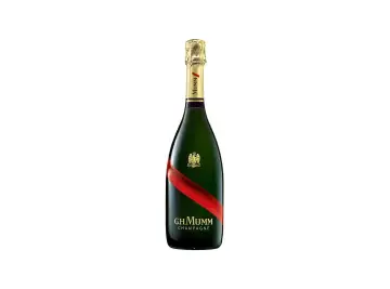 Bouteille de champagne G.H. Mumm, reconnaissable à son ruban rouge iconique. Un avis sur ce champagne mumm est souvent positif.