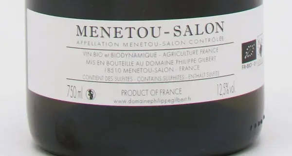 Bouteille de vin rouge du domaine Philippe Gilbert, appellation Menetou-Salon. Vin bio et biodynamique.