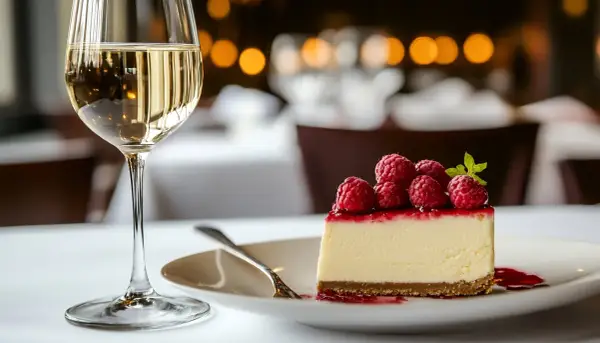 Un verre de vin blanc, une boisson parfaite pour accompagner ce délicieux cheesecake aux framboises.