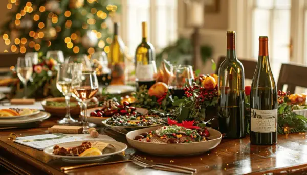 Un menu accord mets et vins festif avec des plats, des bouteilles de vin et des décorations de Noël.