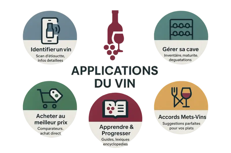 Cinq icônes illustrent les applications du vin : identifier, gérer sa cave, acheter, apprendre et trouver des accords mets-vins.