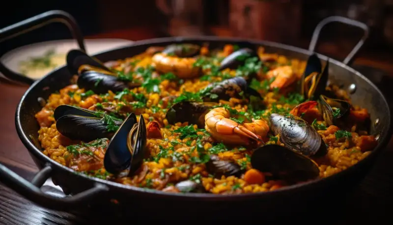 Paella au poulet et fruits de mer, garnie de persil frais. Quel vin rouge avec paella poulet fruits mer ? Un plat savoureux.