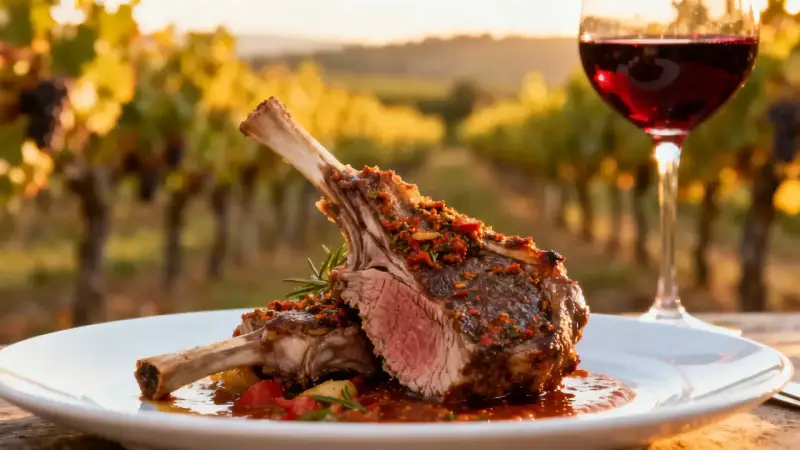 Un plat d'agneau rôti avec une sauce savoureuse, accompagné d'un verre de vin rouge, dans un décor de vignoble. Idéal pour savoir quel vin avec agneau.
