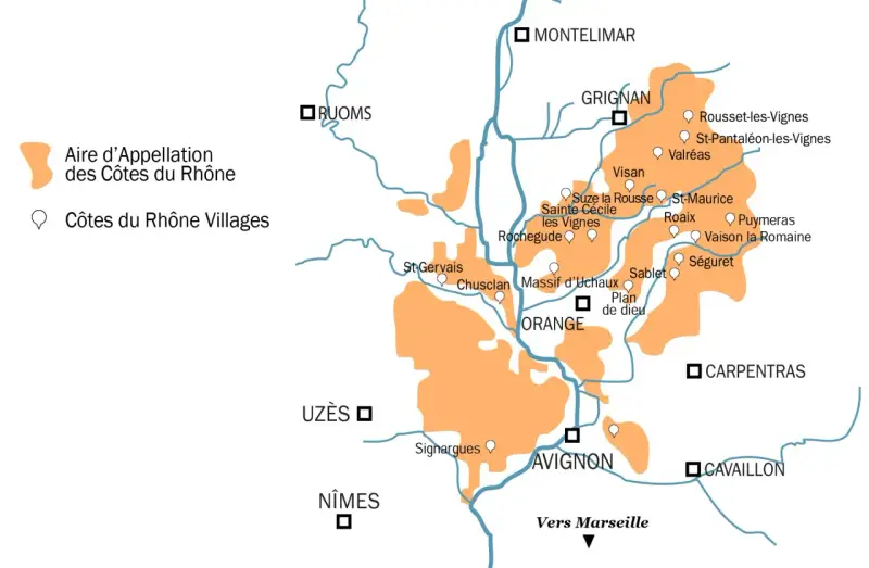 Carte des Côtes du Rhône avec les zones d'appellation et villages.