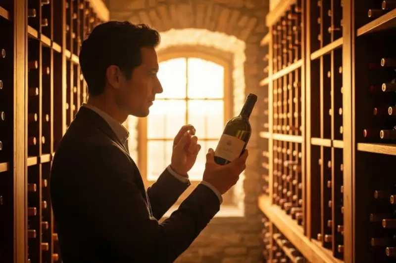 Un homme examine une bouteille de cava alcool dans une cave à vin éclairée par la lumière du jour filtrant par une fenêtre.