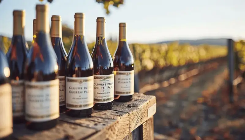 Bouteilles de Châteauneuf-du-Pape sur une table en bois, avec un vignoble en arrière-plan.