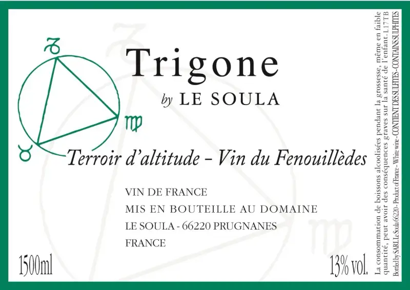 Étiquette de vin "Trigone" par Le Soula, avec un cercle astrologique et le texte "Terroir d'altitude".