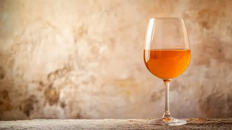 Verre de vin de macération à la couleur ambrée, sur un fond texturé et une table en bois.