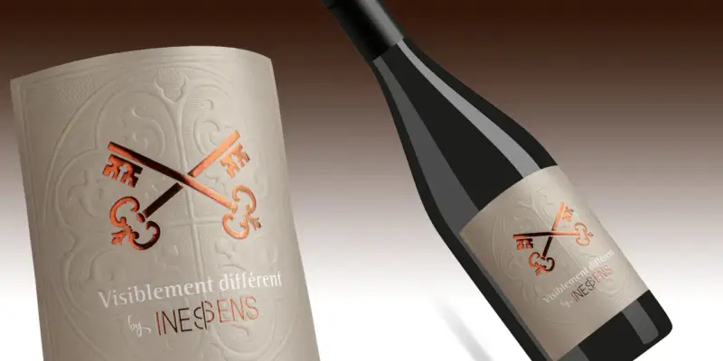Bouteille de vin avec étiquette ornée de clés croisées, évoquant le vin et ses composants.